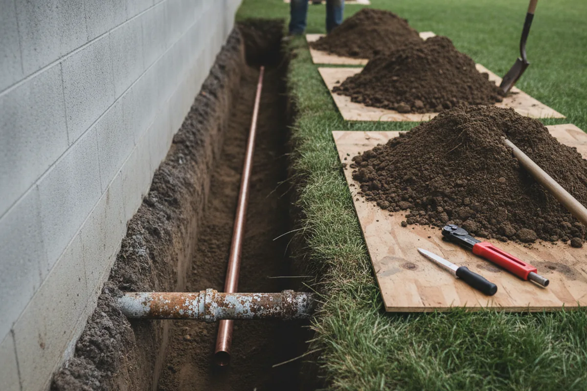 Excavated water line trench during Water Heater Repair in Cold Brook